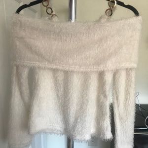 Chain Decor cold shoulder fluffy sweater